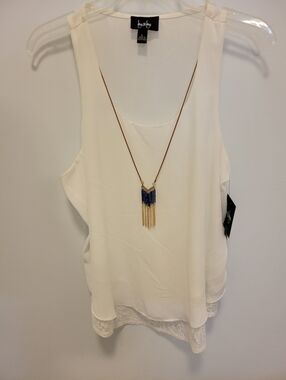 by & by White Lace-Hem Tank with Navy Beaded Pendant Necklace